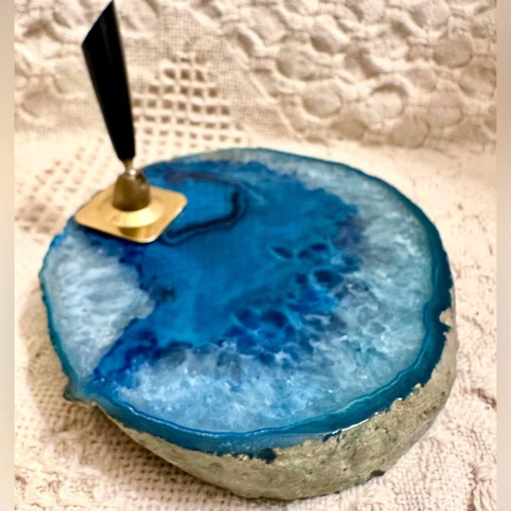 Stunning Blue Agate Slice Pen Holder Polished For Desk